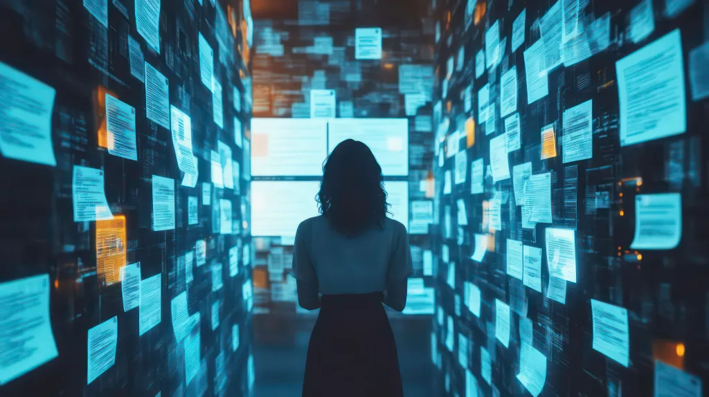 Silhouette d’une femme debout face à des écrans et des documents lumineux flottants dans un couloir numérique sombre, symbolisant l’accumulation massive d’informations.