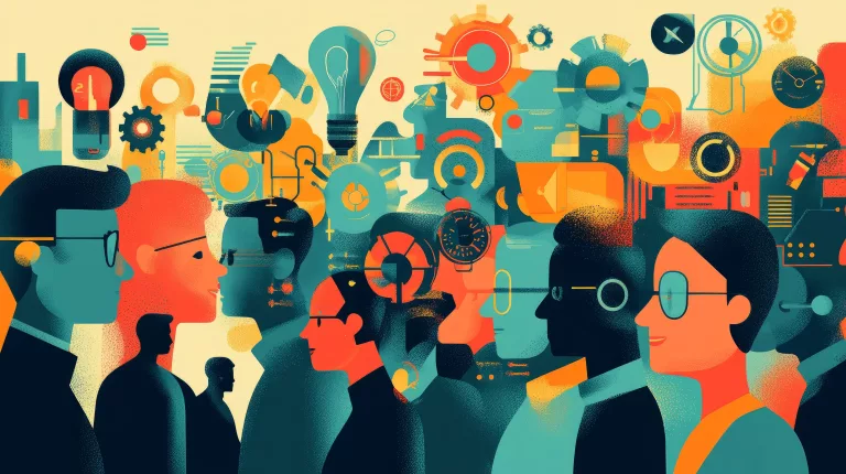 Illustration colorée de plusieurs silhouettes humaines interconnectées avec des symboles technologiques et numériques tels que des ampoules, engrenages, écrans et circuits, représentant la complexité de l'environnement numérique.