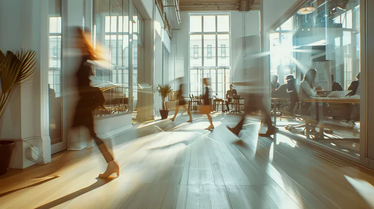 Personnes floues en mouvement traversant un bureau moderne et lumineux, symbolisant le changement et l’incertitude dans un environnement professionnel.